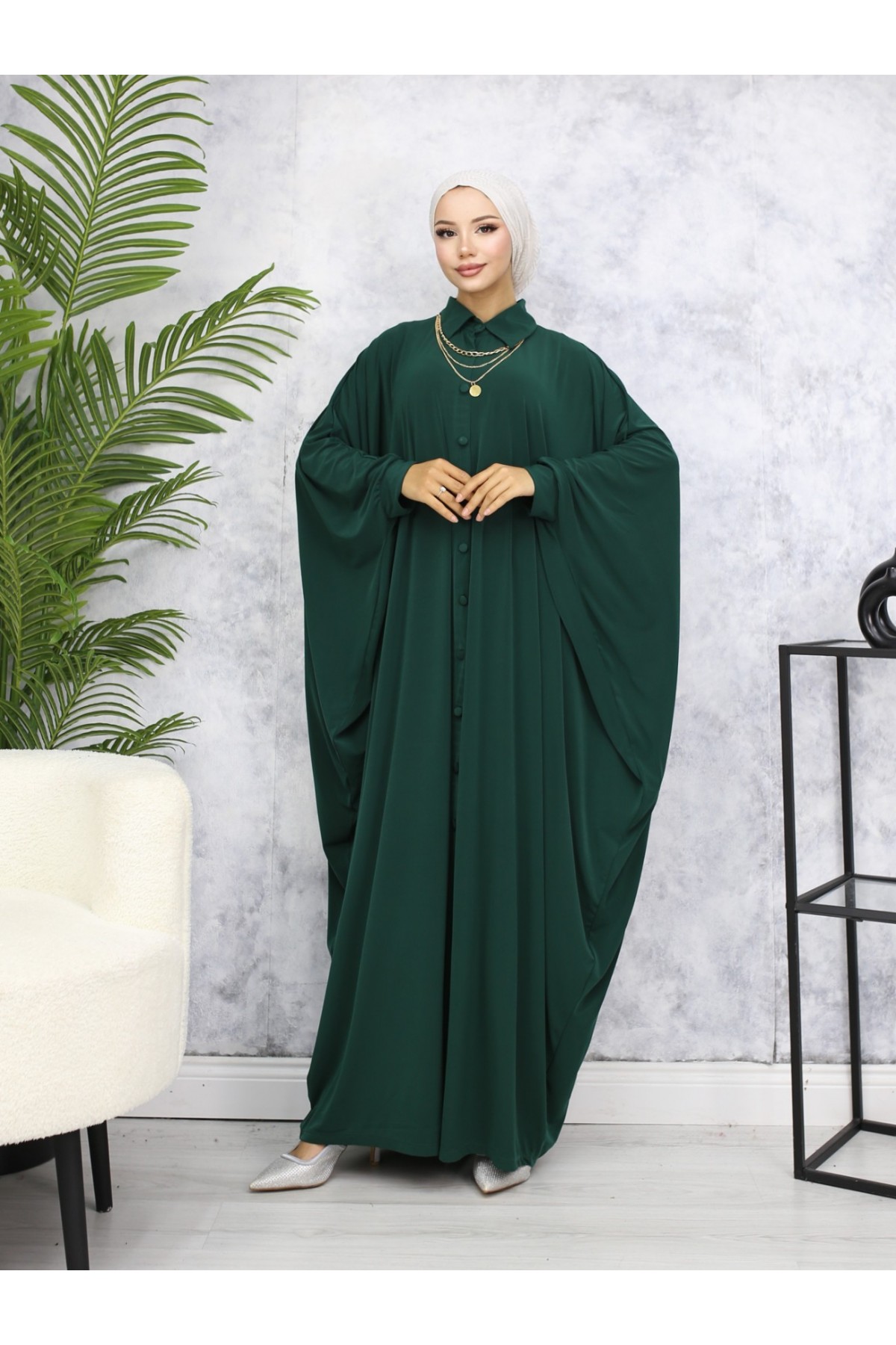 Sandy Abaya with Buttoned Bat Sleeves -Khaki