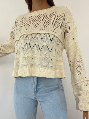 Openwork Pompom Long Sleeve Knitwear Sweater -Ecru