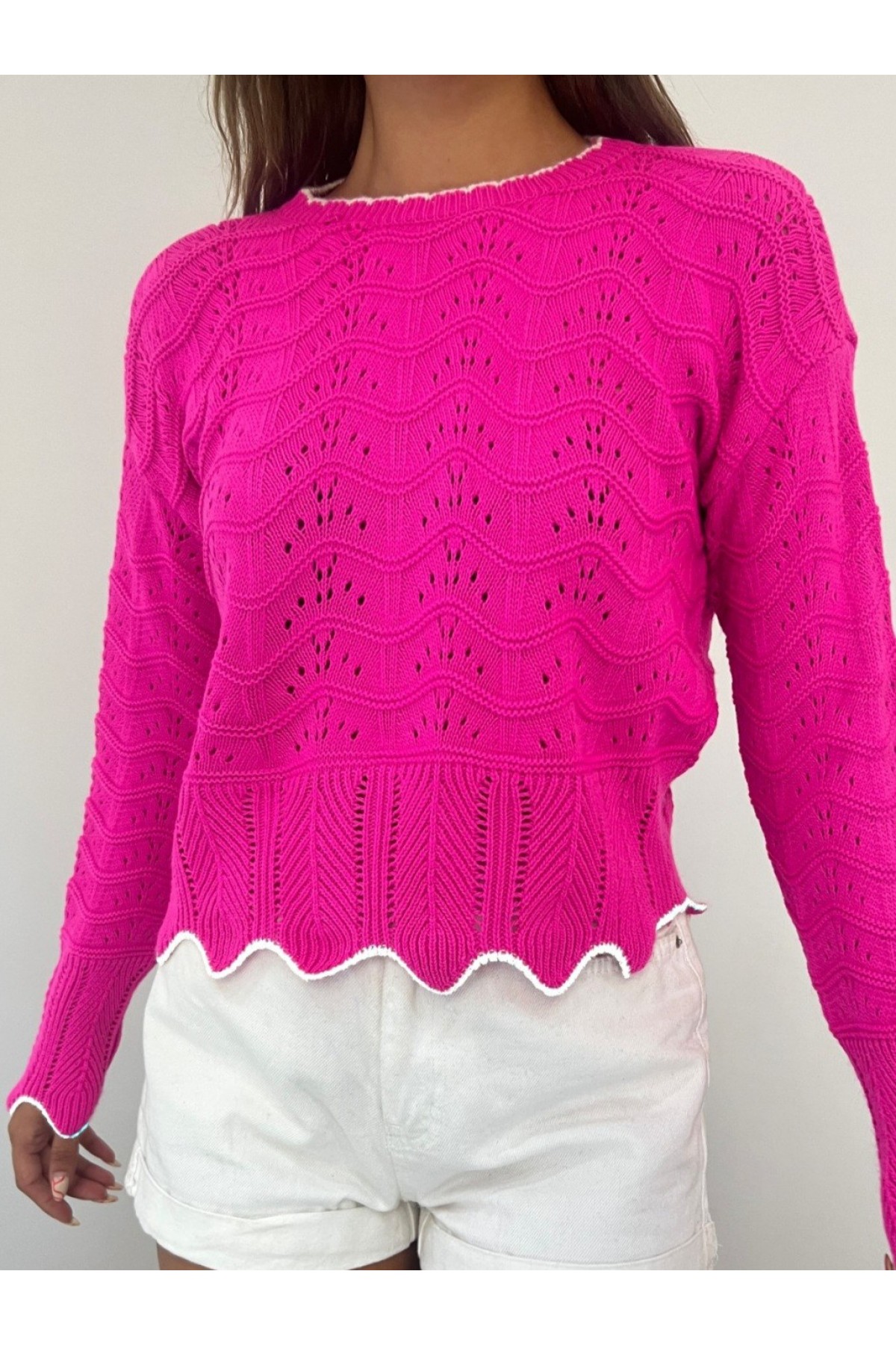Örgü Desen Ajurlu Crop Triko Kazak -Fuşya