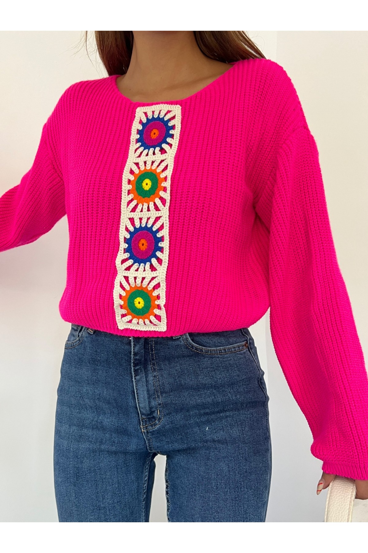 Örgü Nakış Desenli Crop Kazak -Fuşya