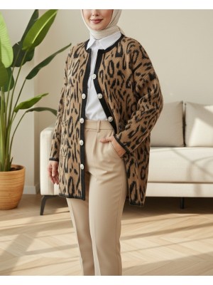 Şardonlu Leopar Desenli Yumoş Triko Hırka -Vizon