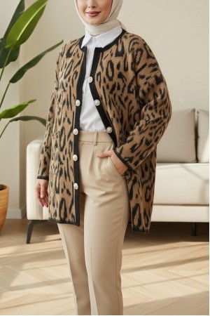 Raised Leopard Patterned Soft Knitted Cardigan -Mink color