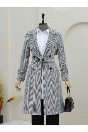 Kemerli Astarlı Bolero Detaylı Kaban -Gri