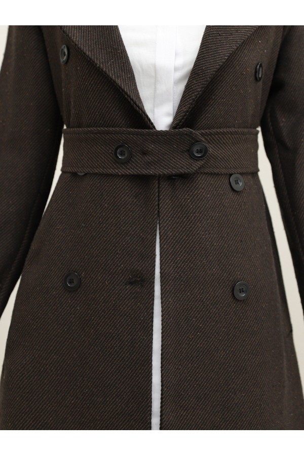 Kemerli Astarlı Bolero Detaylı Kaban -Kahve