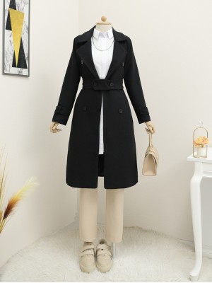 Kemerli Astarlı Bolero Detaylı Kaban -Siyah