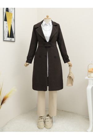 Kemerli Astarlı Bolero Detaylı Kaban -Kahve