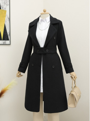 Kemerli Astarlı Bolero Detaylı Kaban -Siyah