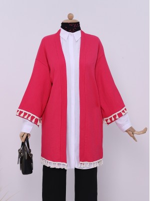 Beli Bağcıklı Kolu ve Eteği Püsküllü Krınkıl Kimono -Pembe