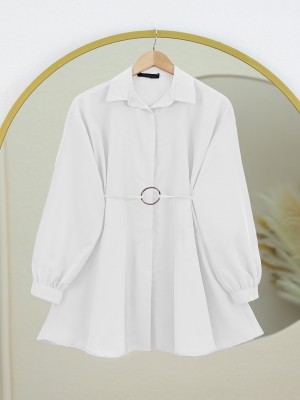 Halka Kemerli Gizli Düğmeli Gömlek -Beyaz