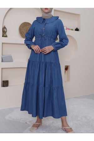 Baby Collar Half Buttoned Sleeve Elastic Jeans Dress -Blue
