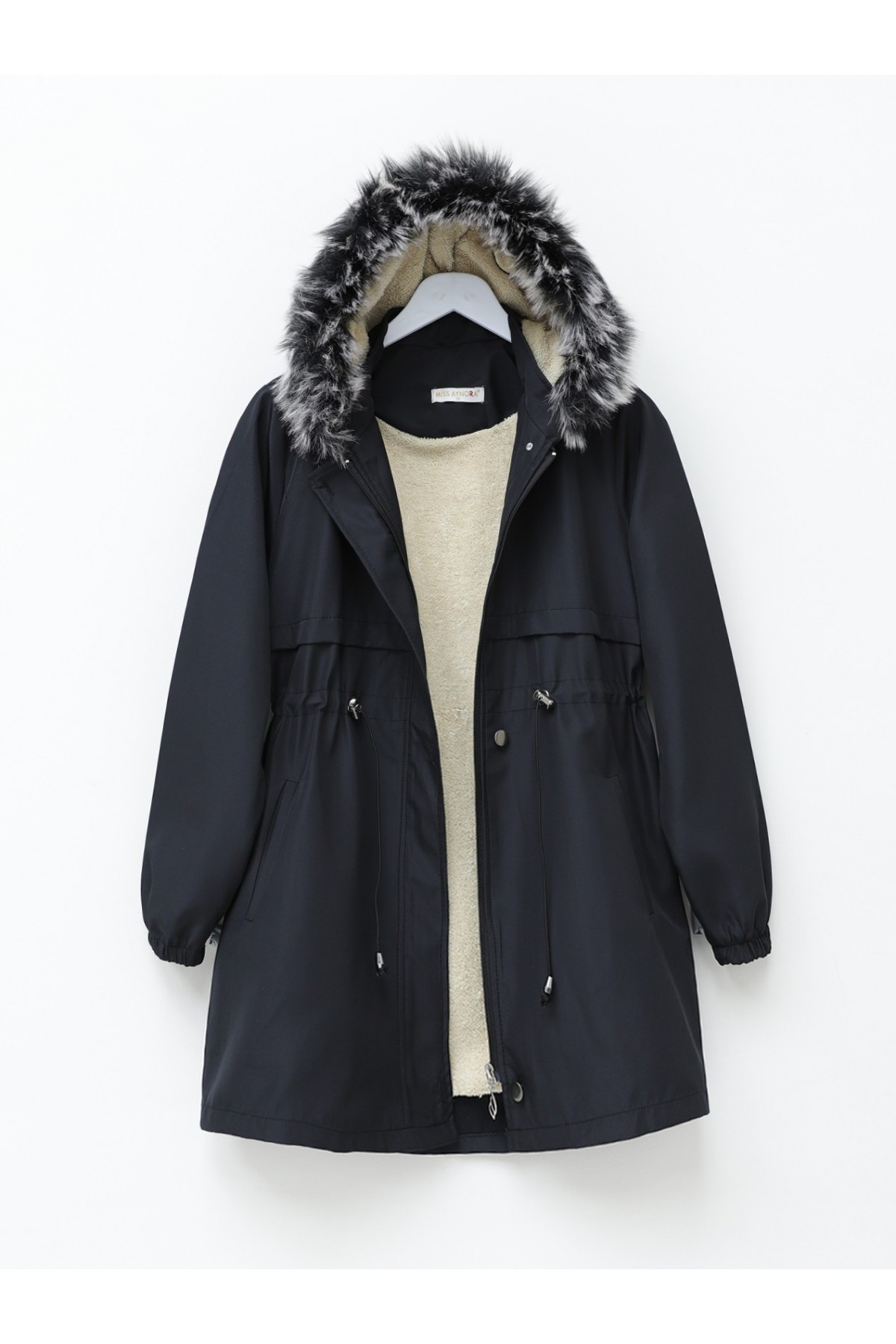 Furry Hooded Lace Up Bondit Coat -Black