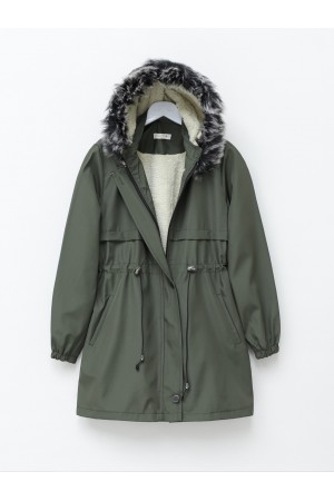 Kürklü Çıkma Kapşonlu Bağcıklı Bondit Kaban -Haki