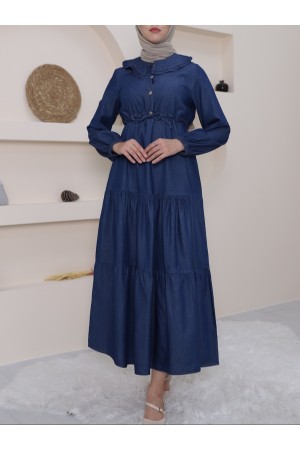 Baby Collar Half Buttoned Sleeve Elastic Jeans Dress -İndigo