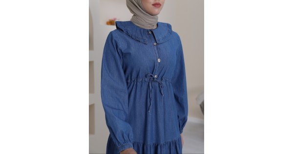 Kadın Mavi̇ Bebe Yaka Yarım Düğmeli̇ Kolu Lasti̇kli̇ Kot Elbi̇se