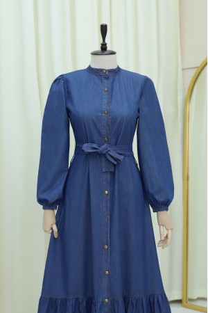 Buttoned Hem Ruffle Denim Dress -İndigo