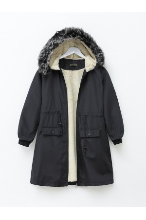 Sabit Kapşonlu İçi Kürklü Bondit Kaban -Siyah