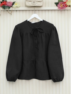 V Yaka Bağcıklı Düğmeli Müslin Gömlek -Siyah