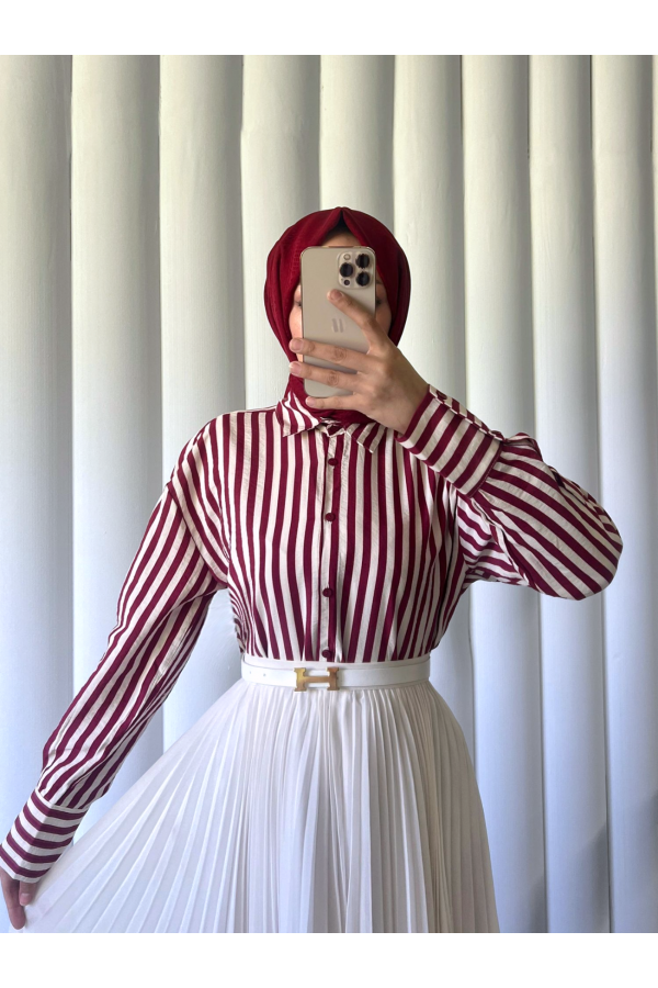 Striped Oversize Button-Down Shirt -Maroon