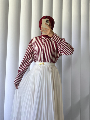 Çizgili Oversize Düğmeli Gömlek -Bordo
