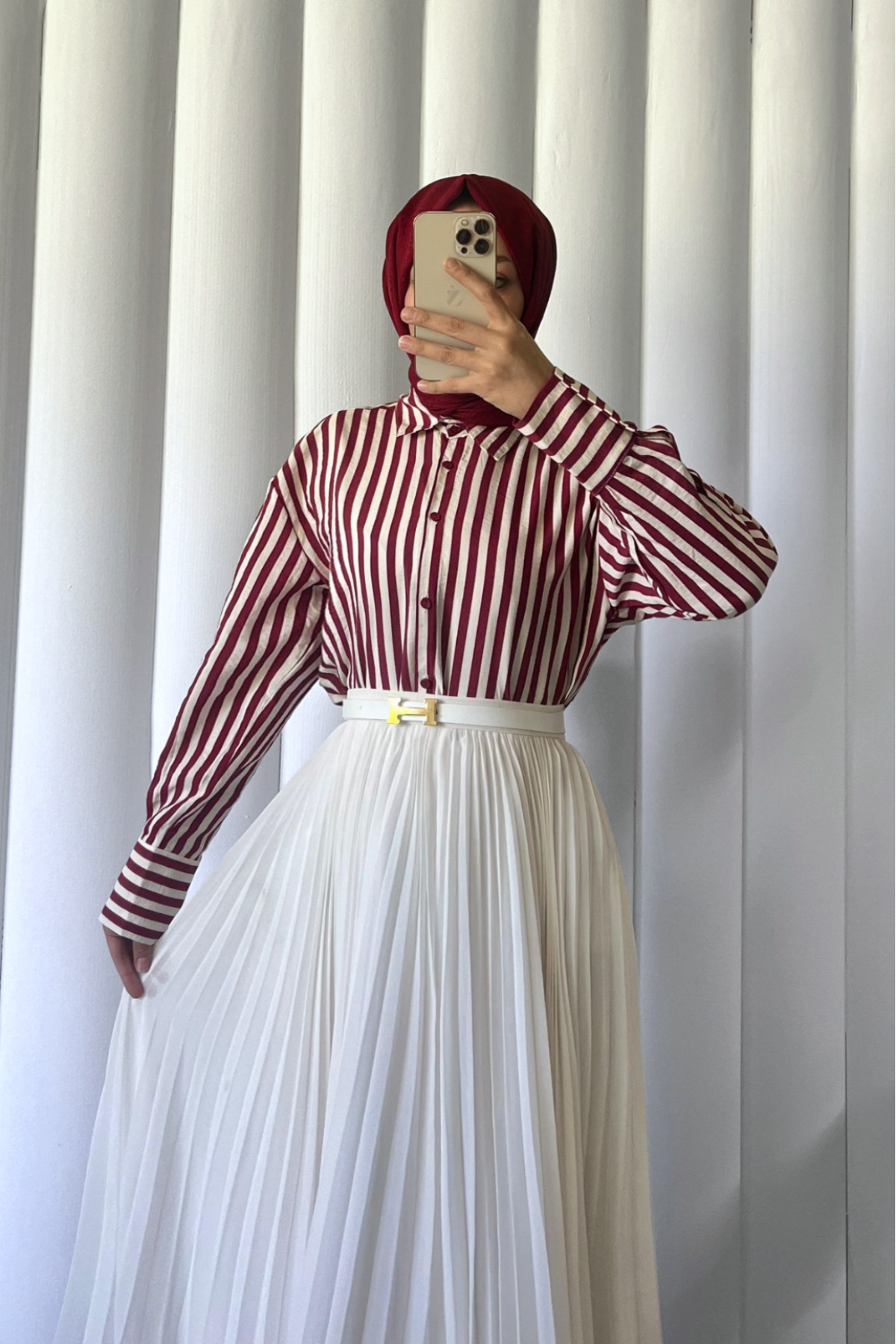 Çizgili Oversize Düğmeli Gömlek -Bordo