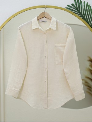 Eteği Oval Kesim Müslin Gömlek -Ekru