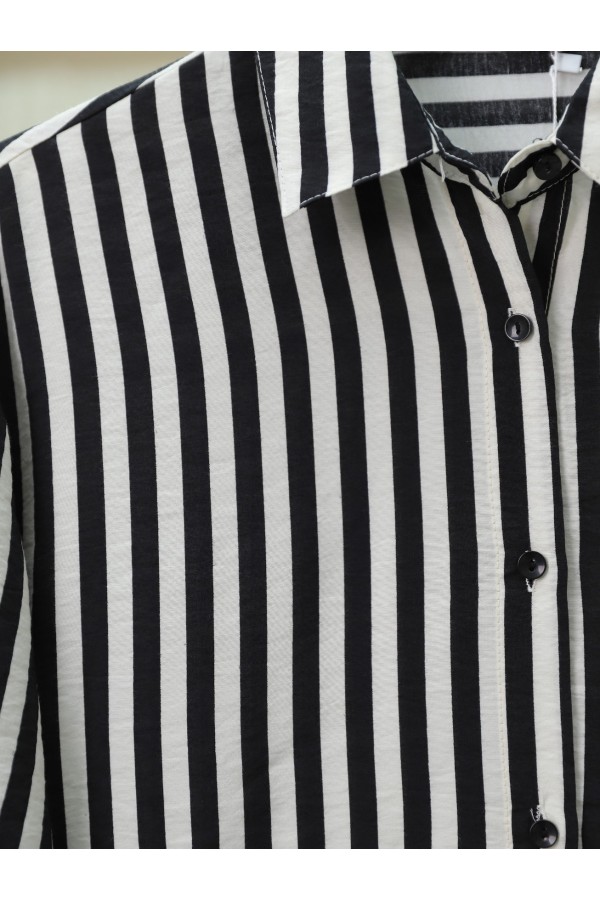 Striped Oversize Button-Down Shirt -Black