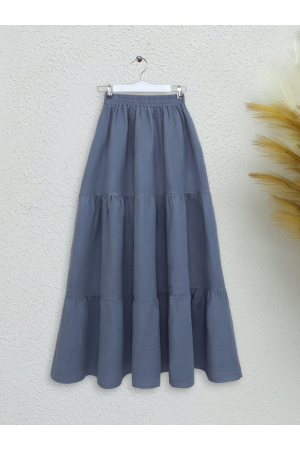 Beli Lastikli Parça Kumaş Müslin Etek -Füme