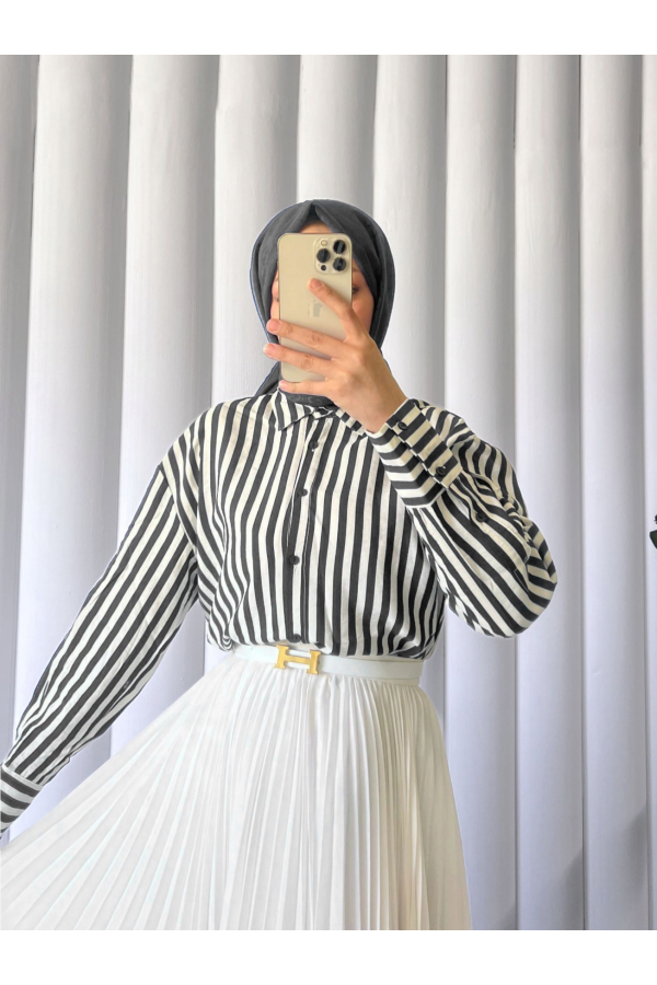 Striped Oversize Button-Down Shirt -Black