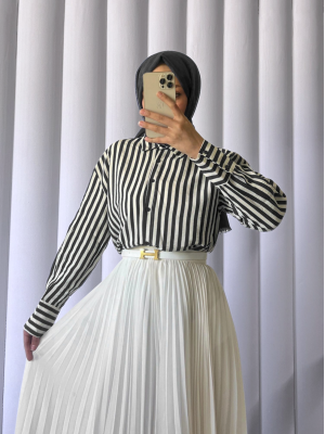 Çizgili Oversize Düğmeli Gömlek -Siyah