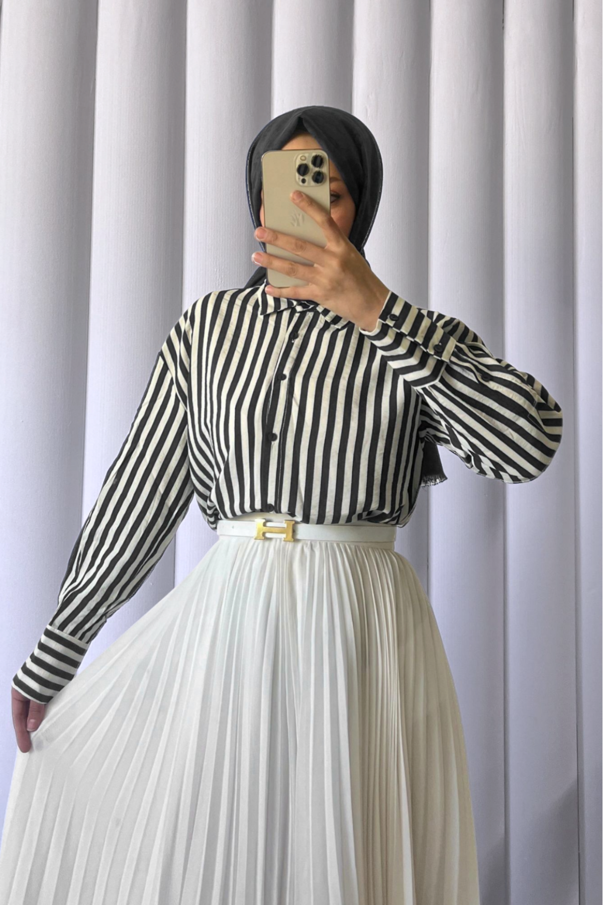 Striped Oversize Button-Down Shirt -Black
