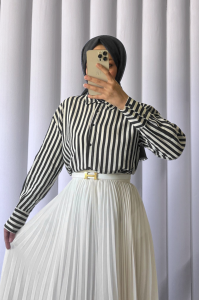 Çizgili Oversize Düğmeli Gömlek -Siyah