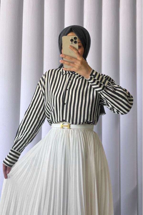 Çizgili Oversize Düğmeli Gömlek -Siyah