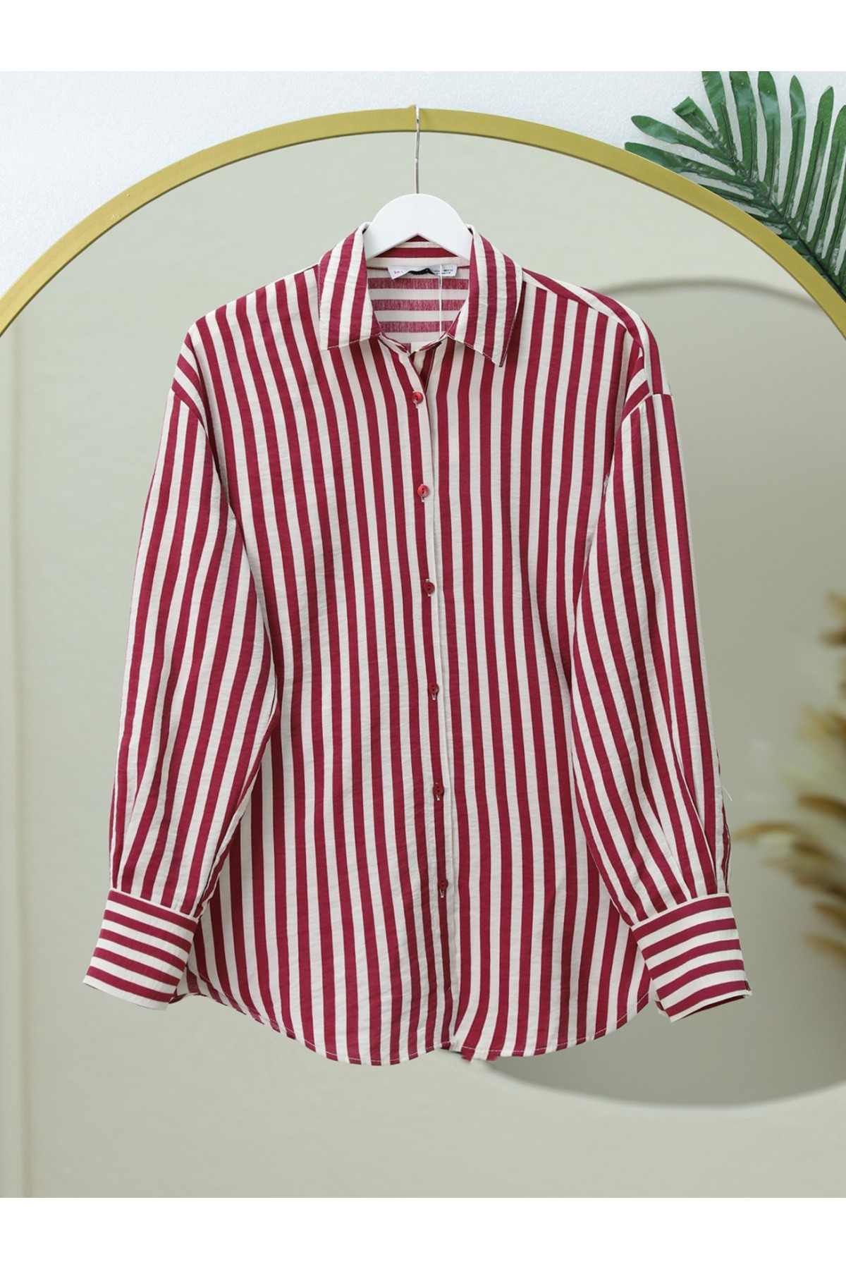 Çizgili Oversize Düğmeli Gömlek -Bordo