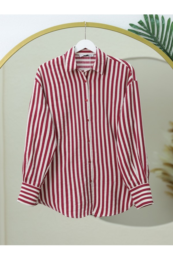 Striped Oversize Button-Down Shirt -Maroon