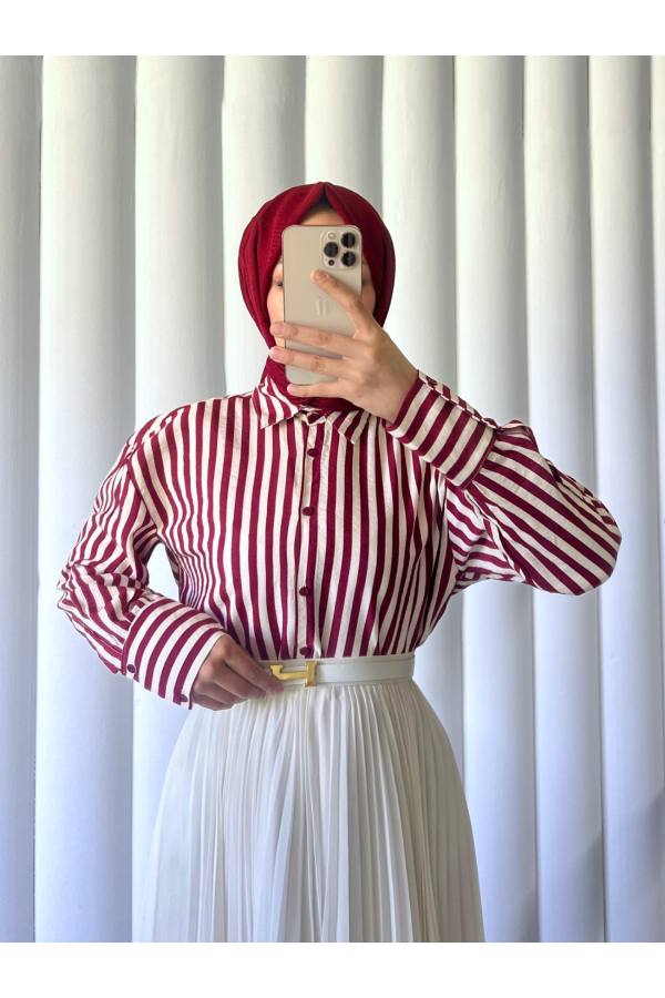 Striped Oversize Button-Down Shirt -Maroon