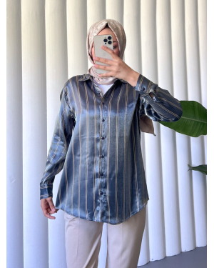 Striped Ribbon Shirt -İndigo