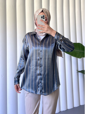 Çizgili Janjanlı Gömlek -İndigo