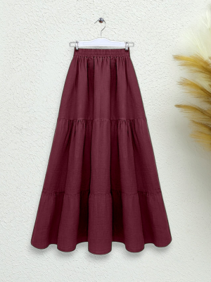 Beli Lastikli Parça Kumaş Müslin Etek -Bordo