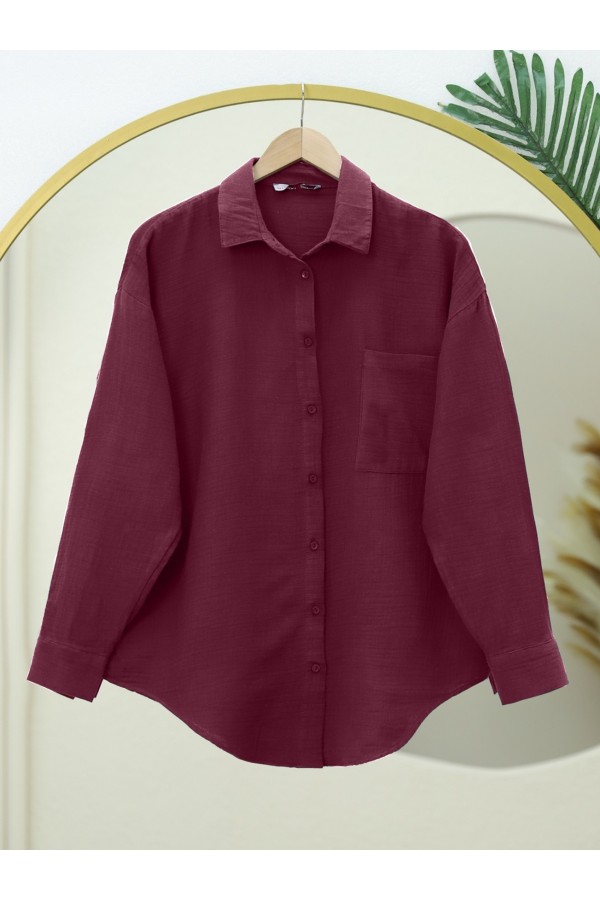 Eteği Oval Kesim Müslin Gömlek -Bordo