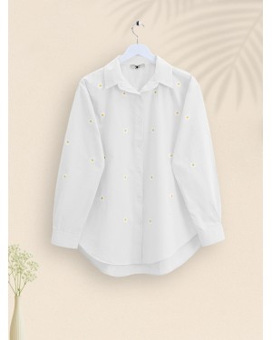 Single Daisy Embroidered Long Back Shirt -White