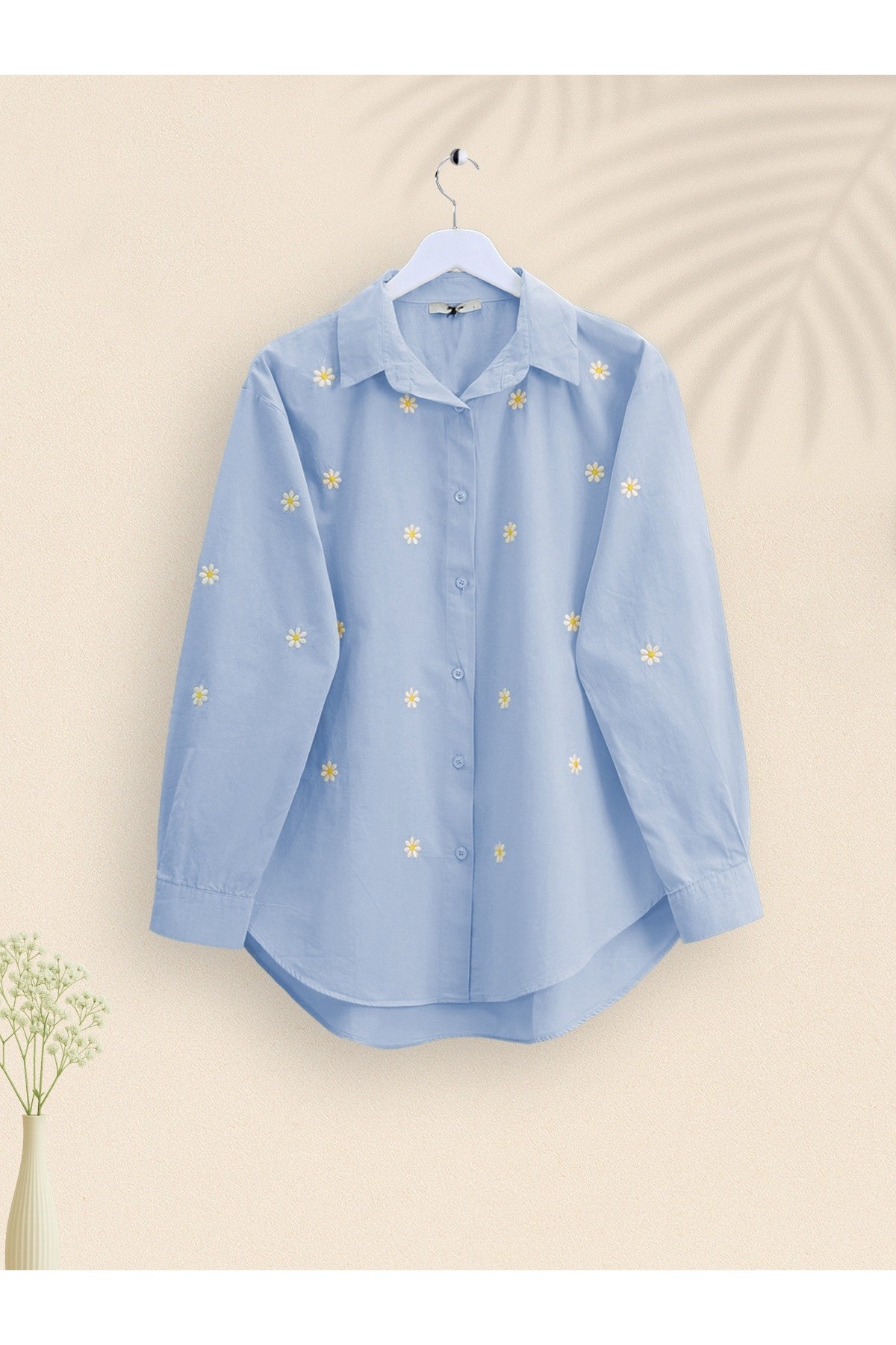Single Daisy Embroidered Long Back Shirt -Blue