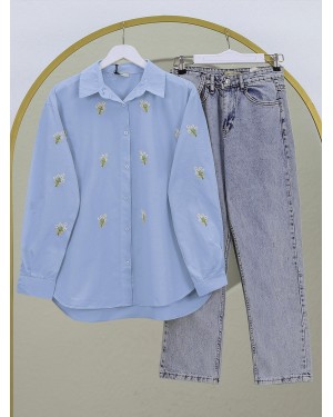 Bouquet Flower Detailed Back Long Shirt -Blue