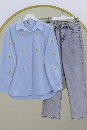 Buket Çiçek Detaylı Arkası Uzun Gömlek -Mavi