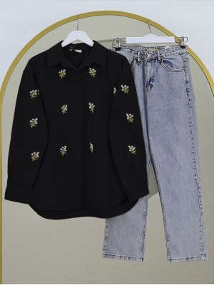 Buket Çiçek Detaylı Arkası Uzun Gömlek -Siyah