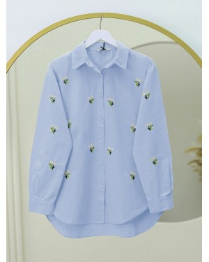 Daisy Detailed Long Back Buttoned Shirt -Blue