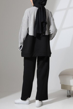 Üstü Çizgili Gömlek Detaylı Takım -Mavi