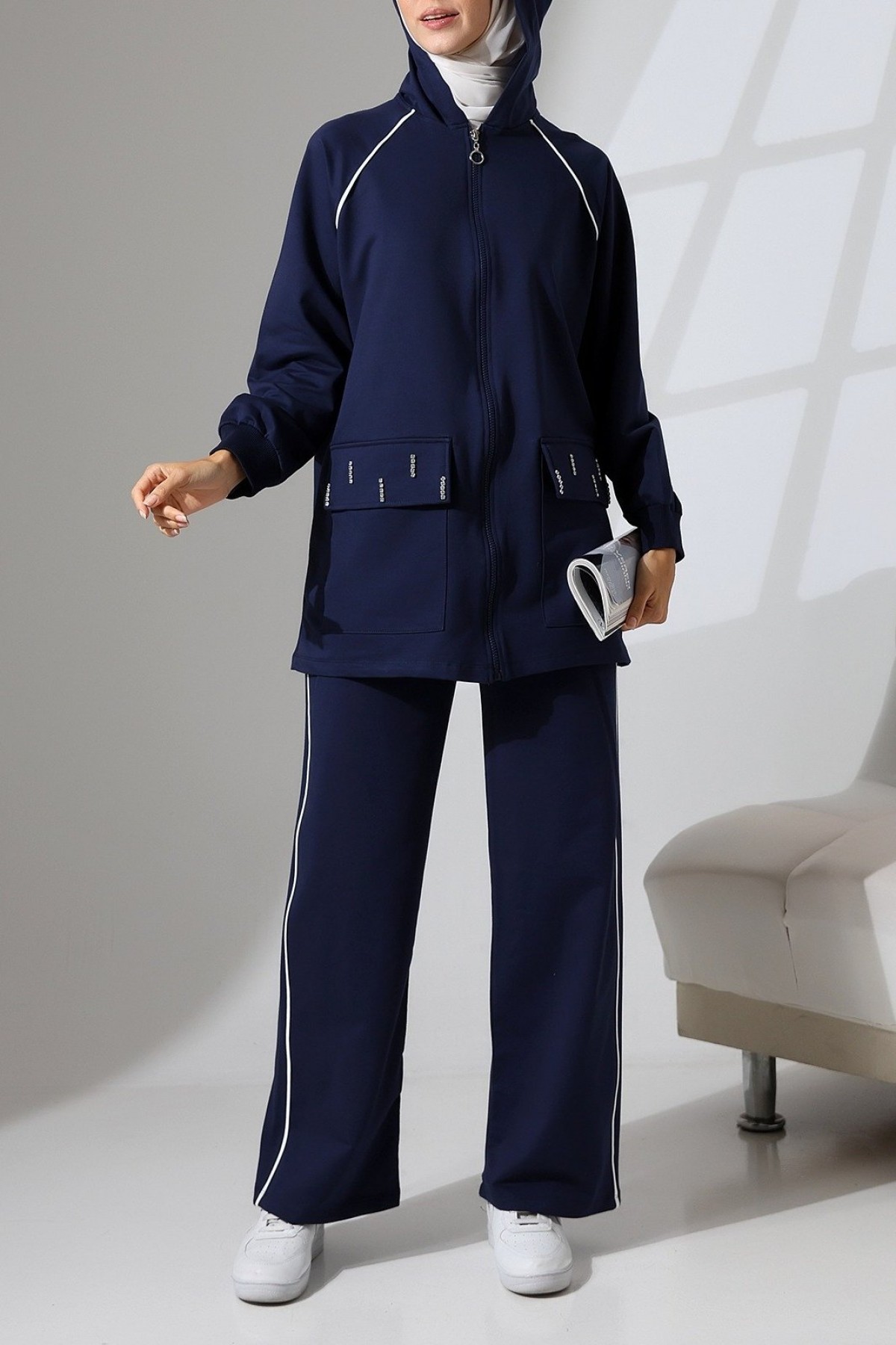 Hooded Zippered Pouch Pocket Set -Navy blue