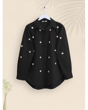 Single Daisy Embroidered Long Back Shirt -Black