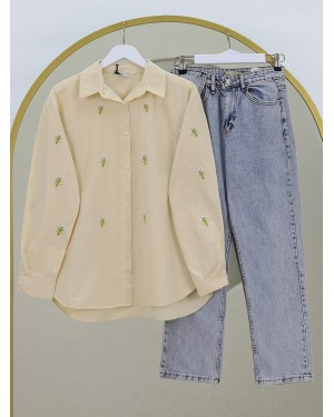 Bouquet Flower Detailed Back Long Shirt - Beige