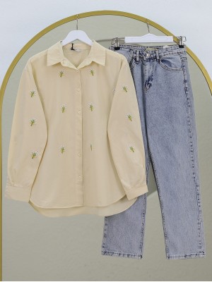 Buket Çiçek Detaylı Arkası Uzun Gömlek -Bej